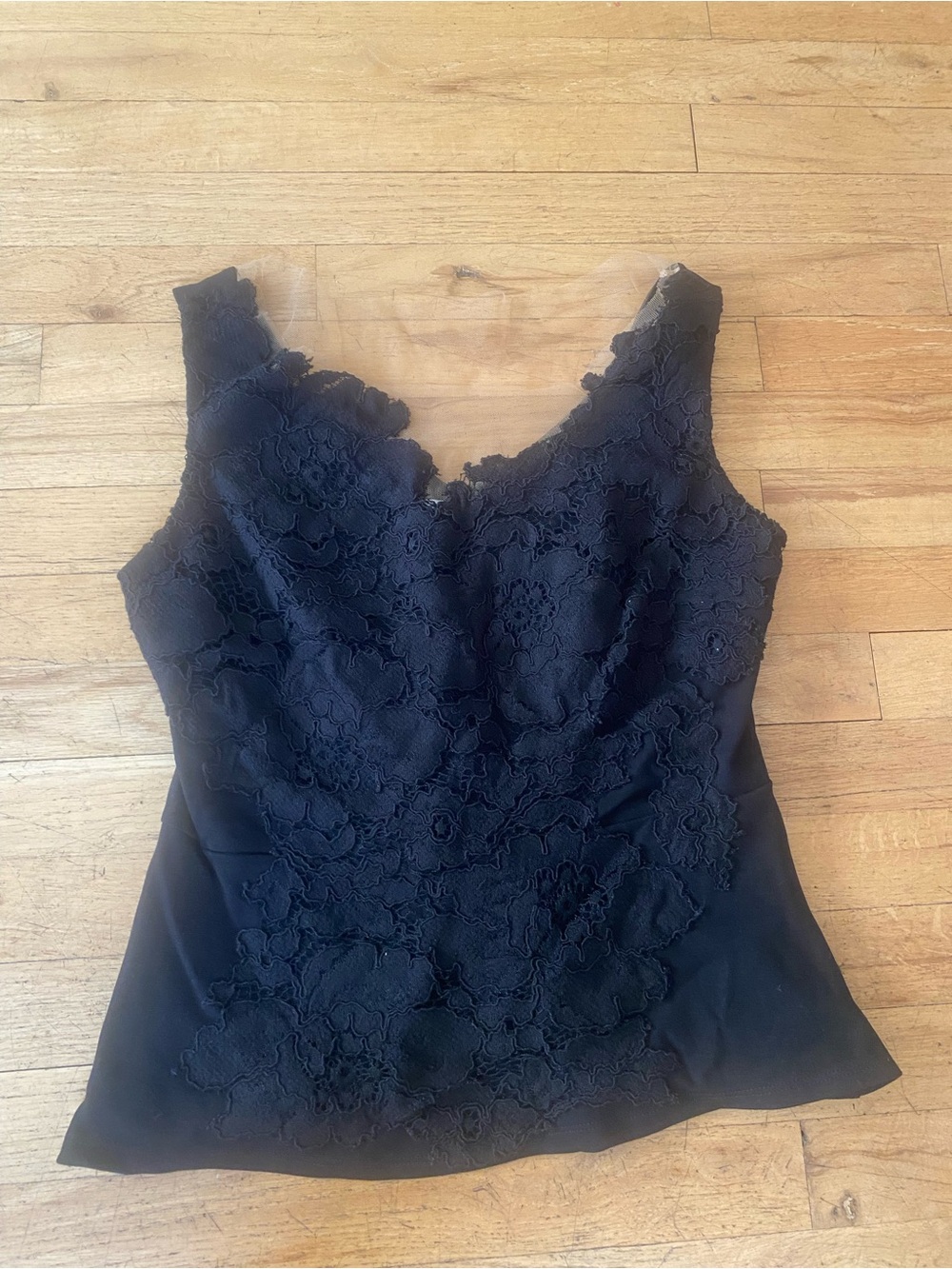 Bailey/44 black sleeveless top. Sheer mesh illusion neck line. Size large
